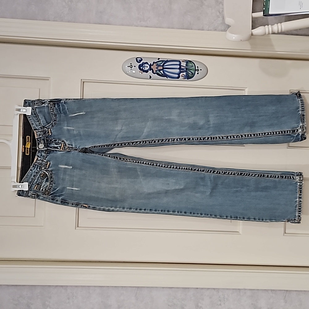 "IRON HORSE JEANS" SZ. O, Distressed look, light denim with dark stitching.